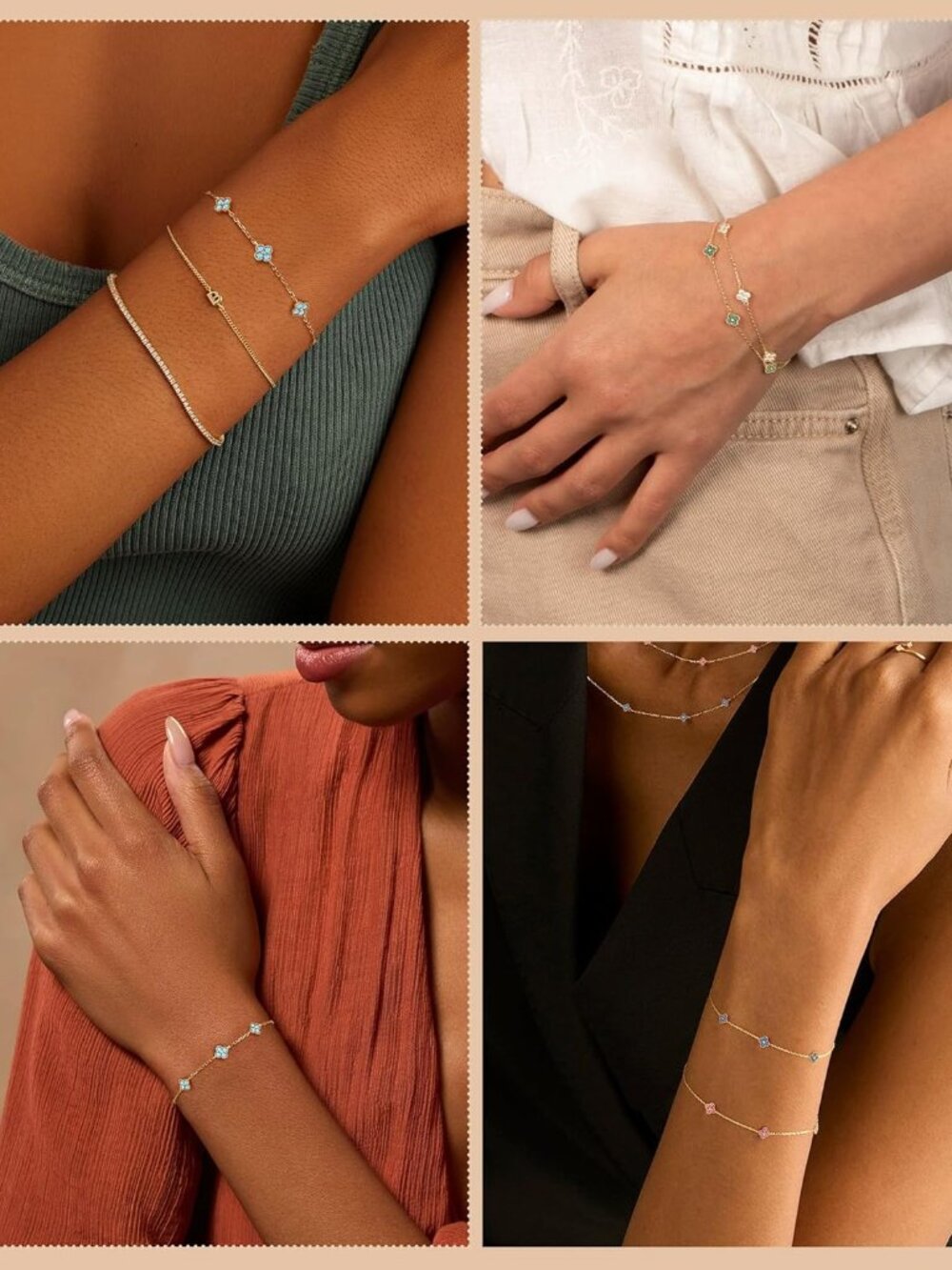Birthstone Gold Clover Bracelet Dainty 14K Gold Plated Cute Friendship Stackable - Picture 6 of 6